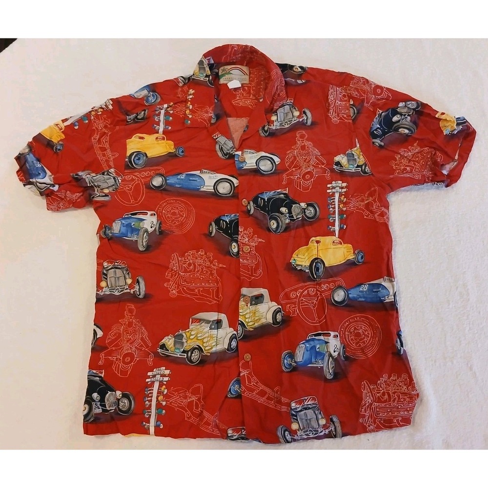 Paradise Found Shirt Men's Large Red Button Up Hawaii Vintage Hot Rod‎ Race Cars